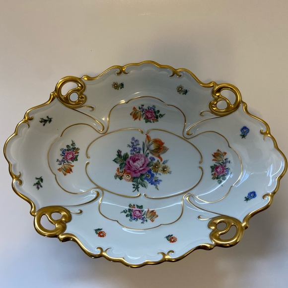 Vintage JLMeneau Graf Von Henneberg Floral & Gold Centerpiece Bowl 12" Long - Picture 13 of 16